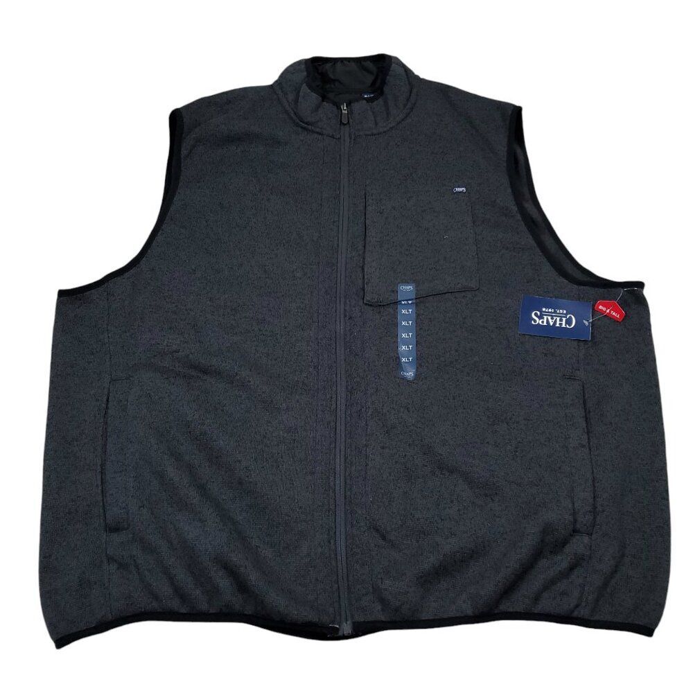 Chaps Black Gray Coastal Sweater Fleece Vest Men's Big & Tall Size XLT Full Zip